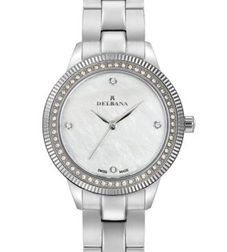 Delbana Sevilla. Ladies dress watch with stainless steel case set with 60 Swarovski crystals. Crystal set white mother of pearl dial. Solid stainless steel bracelet. Water resistant to 5 ATM / 50 meters / 165 feet.