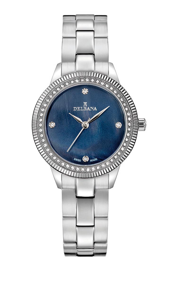 Delbana Sevilla. Ladies dress watch with stainless steel case set with 60 Swarovski crystals. Crystal set black mother of pearl dial. Solid stainless steel bracelet. Water resistant to 5 ATM / 50 meters / 165 feet.