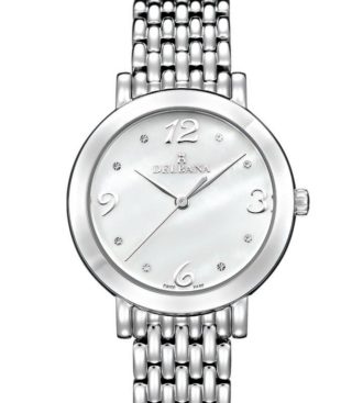 Delbana Villanova. Classic ladies' watch with stainless steel case. Crystal set white mother of pearl dial. Solid stainless steel bracelet. Water resistant to 3 ATM / 30 meters / 100 feet.