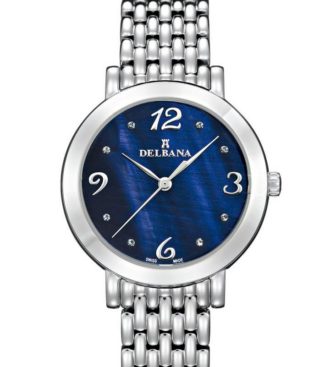 Delbana Villanova. Classic ladies' watch with stainless steel case. Crystal set blue mother of pearl dial. Solid stainless steel bracelet. Water resistant to 3 ATM / 30 meters / 100 feet.