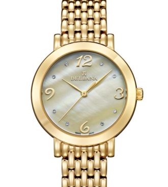 Delbana Villanova. Classic ladies' watch with stainless steel, yellow gold IPG case. Crystal set champagne mother of pearl dial. Solid stainless steel, yellow gold IPG bracelet. Water resistant to 3 ATM / 30 meters / 100 feet.