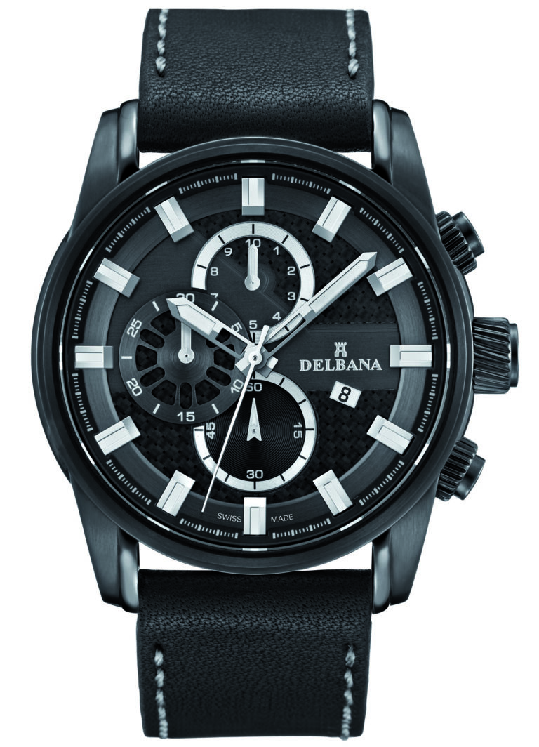 Delbana Orlando. Men's sports Chronograph with date. Stainless steel, black IPB case. Black dial. Matte black genuine leather strap with grey stiching. Water resistant to 10 ATM / 100 meters / 330 feet.
