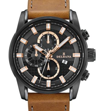 Delbana Orlando. Men's sports Chronograph with date. Stainless steel, black IPB case. Black dial. Matte hazelnut brown genuine leather strap with grey stitching. Water resistant to 10 ATM / 100 meters / 330 feet.