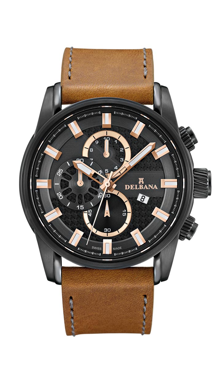 Delbana Orlando. Men's sports Chronograph with date. Stainless steel, black IPB case. Black dial. Matte hazelnut brown genuine leather strap with grey stitching. Water resistant to 10 ATM / 100 meters / 330 feet.