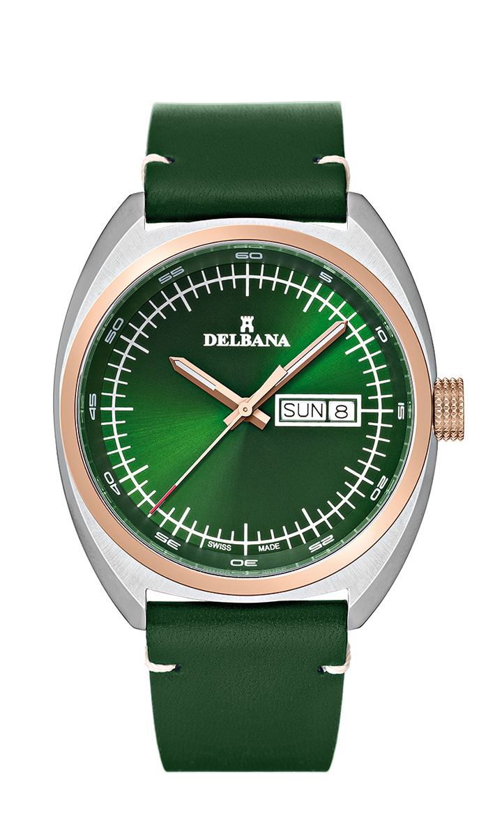 Delbana Locarno with green dial in two-tone rose gold stainless steel