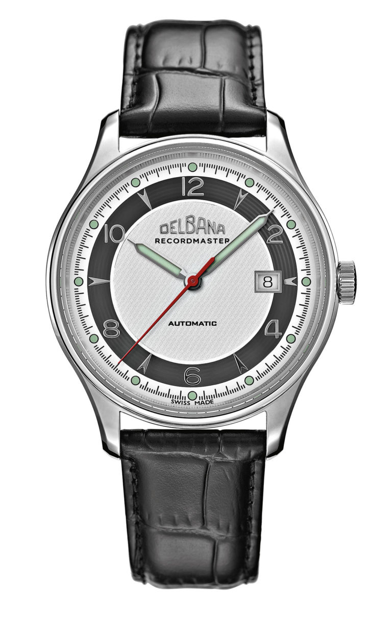 DELBANA Recordmaster I. Automatic dress watch with silver guilloche dial surrounded by black microgrooves. Limited edition to 90 pieces.
