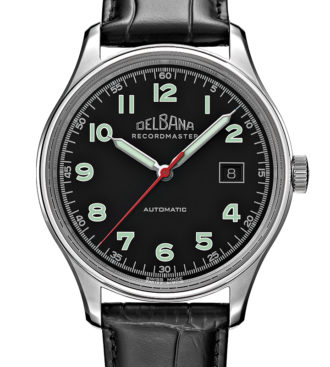 DELBANA Recordmaster I. Automatic dress watch with black matte dial with luminous numerals. Limited edition to 90 pieces.