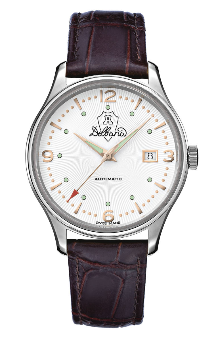 Delbana Della Balda with white dial and applied rose gold indexes and numerals