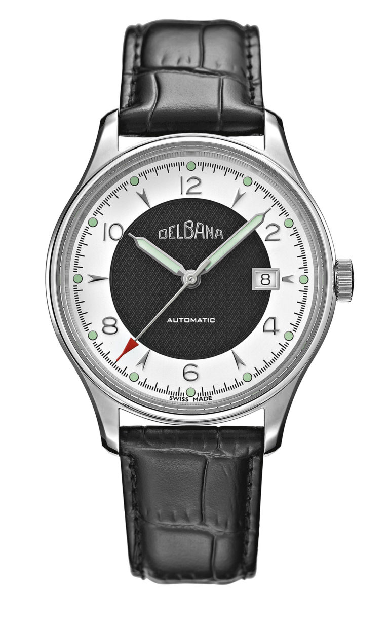 Delbana Rotonda, automatic watch with silver dial and black central guilloche pattern