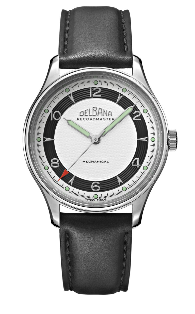 DELBANA Recordmaster Mechanical with silver dial, black micro grooves and black, hand-made Italian leather strap.