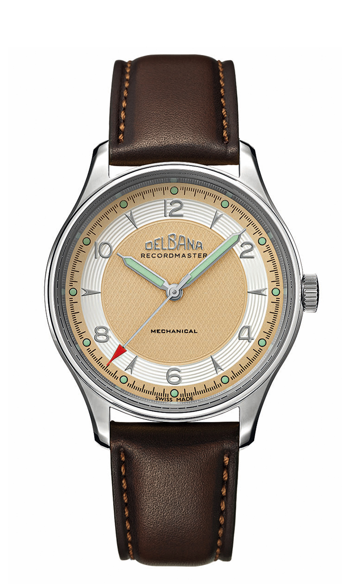 DELBANA Recordmaster Mechanical with copper dial, silver micro grooves and brown, hand-made Italian leather strap.