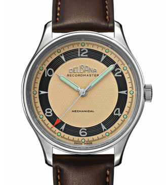 DELBANA Recordmaster Mechanical with copper dial, black micro grooves and brown, hand-made Italian leather strap.