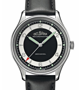 DELBANA Recordmaster Mechanical with black dial, silver micro grooves and black, hand-made Italian leather strap.