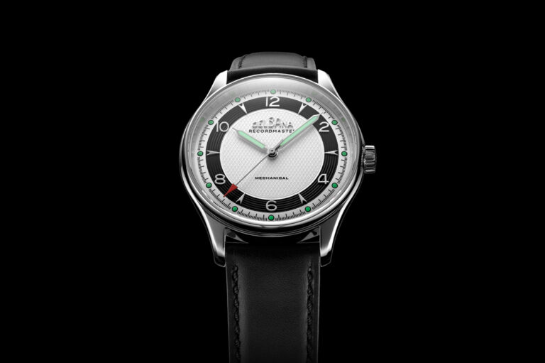 DELBANA Recordmaster Mechanical with silver dial, black micro grooves and black, hand-made Italian leather strap.