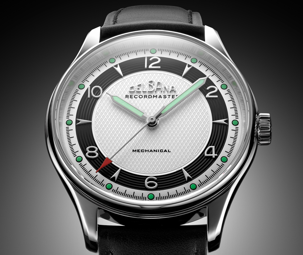ELBANA Recordmaster Mechanical with silver dial, black micro grooves and black, hand-made Italian leather strap.