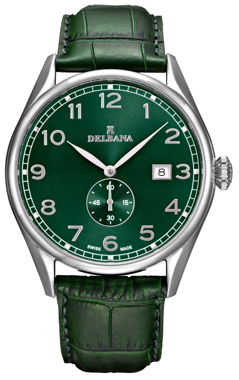 Delbana Fiorentino. Classic men's dress watch with small seconds hand and date. Stainless steel case. Green sunray brushed dial. Matte green genuine leather strap. Water resistant to 5 ATM / 50 meters / 165 feet.