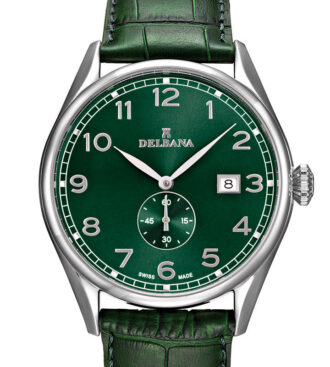 Delbana Fiorentino. Classic men's dress watch with small seconds hand and date. Stainless steel case. Green sunray brushed dial. Matte green genuine leather strap. Water resistant to 5 ATM / 50 meters / 165 feet.