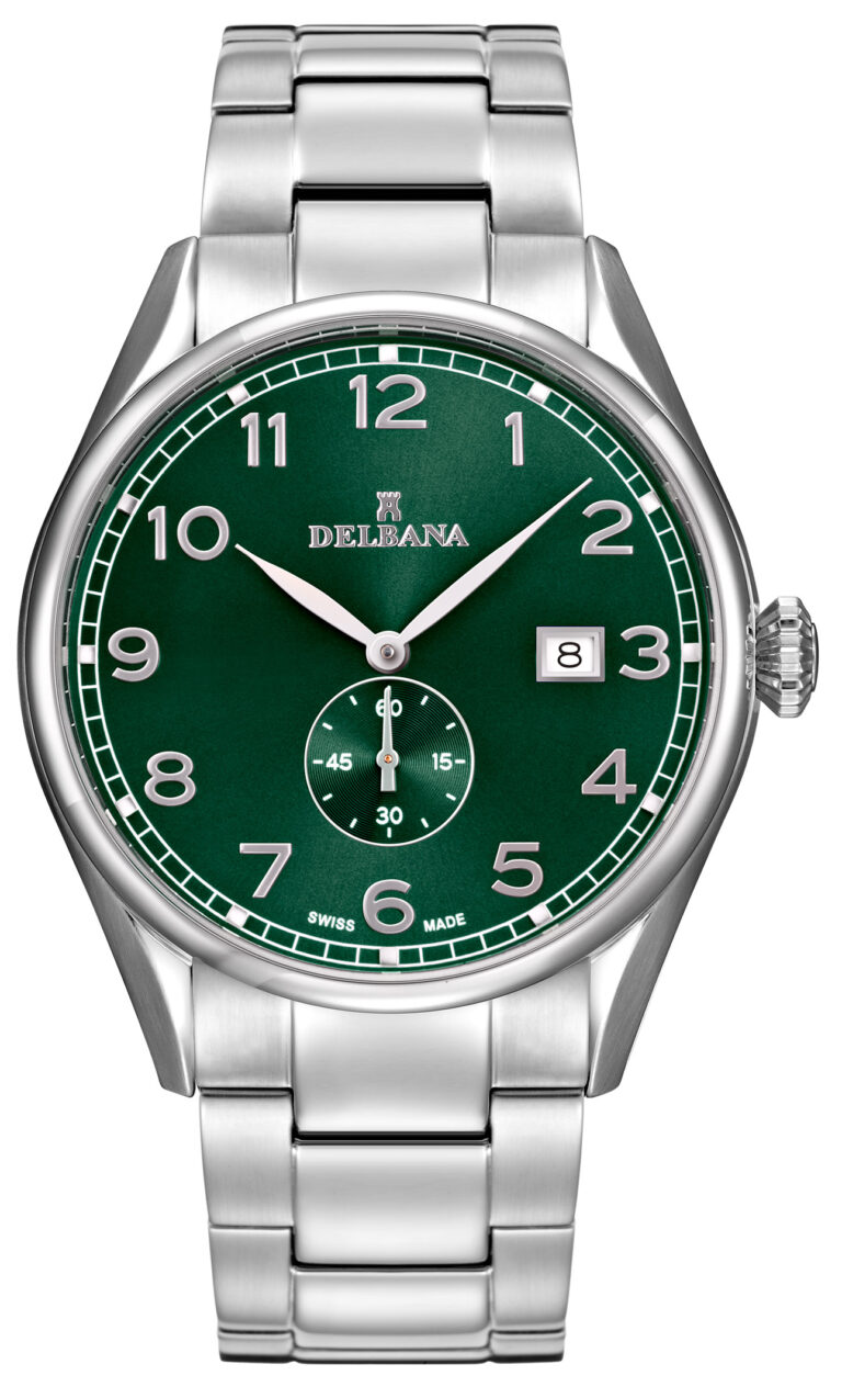 Delbana Fiorentino. Classic men's dress watch with small seconds hand and date. Stainless steel case. Green sunray brushed dial. Solid stainless steel bracelet. Water resistant to 5 ATM / 50 meters / 165 feet.