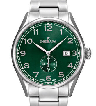Delbana Fiorentino. Classic men's dress watch with small seconds hand and date. Stainless steel case. Green sunray brushed dial. Solid stainless steel bracelet. Water resistant to 5 ATM / 50 meters / 165 feet.