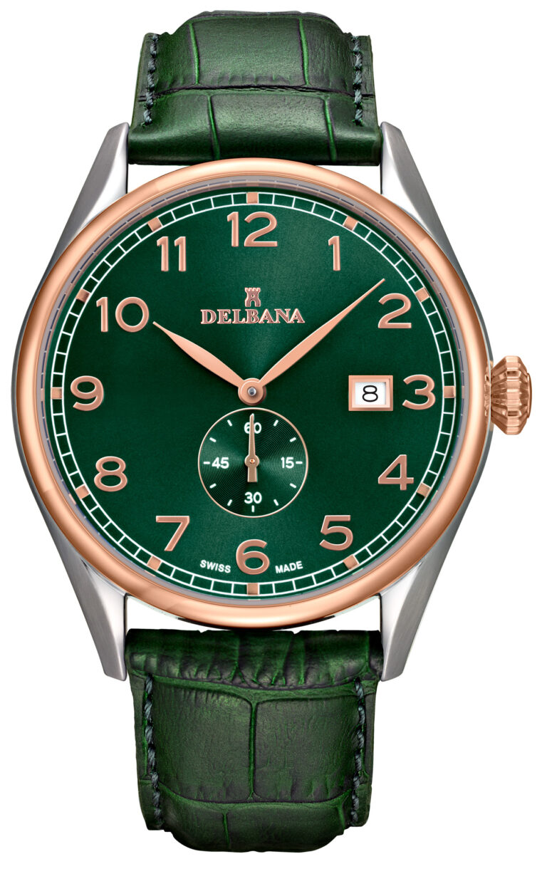 Delbana Fiorentino. Classic men's dress watch with small seconds hand and date. Two tone stainless steel and rose gold IPG case. Green sunray brushed dial. Matte green genuine leather strap. Water resistant to 5 ATM / 50 meters / 165 feet.