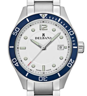 Delbana Mariner. Men's sports watch with date. Stainless steel case, unidirectional blue aluminum diver bezel. Silver dial. Solid stainless steel bracelet. Water resistant to 10 ATM / 100 meters / 330 feet.